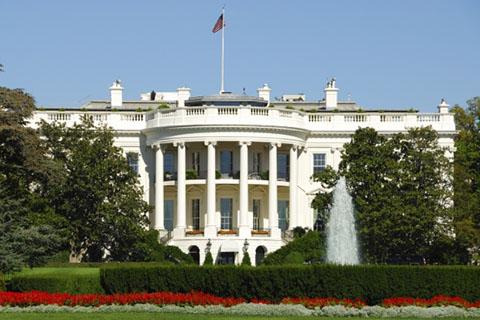An exterior view of the front of The White House.