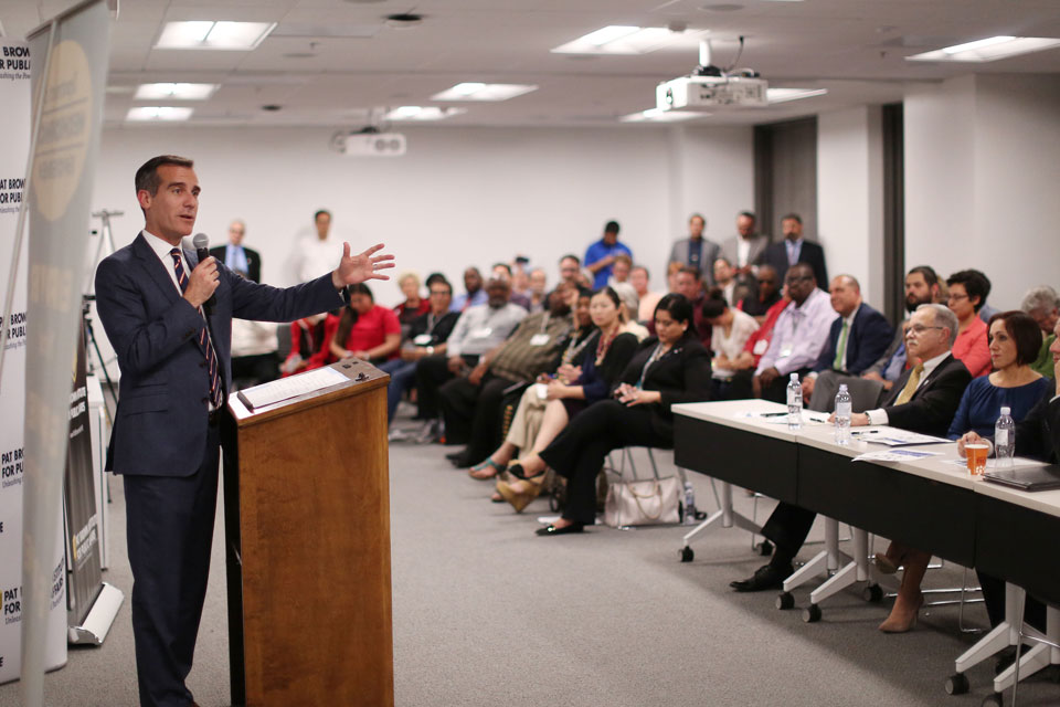 Los Angeles Mayor Eric Garcetti addresses participants of Civic University