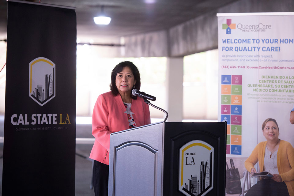 Los Angeles County Supervisor Hilda L. Solis, who partnered with Cal State LA and QueensCare Health Centers to host the event, spoke to volunteers and community members during the fair.