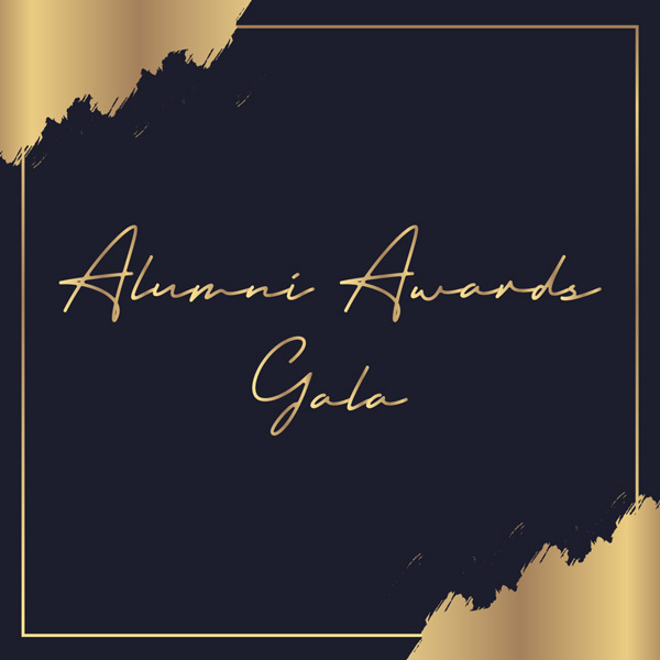 Alumni Awards Gala in script font with black and gold