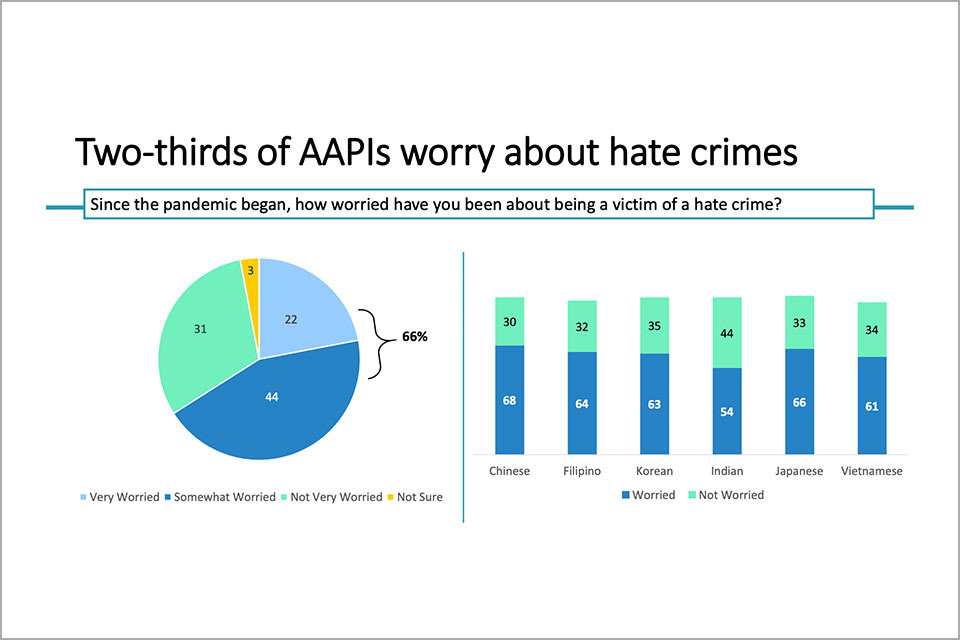 A pie chart and bar chart depict AAPI residents' worries over being a victim of a hate crime.