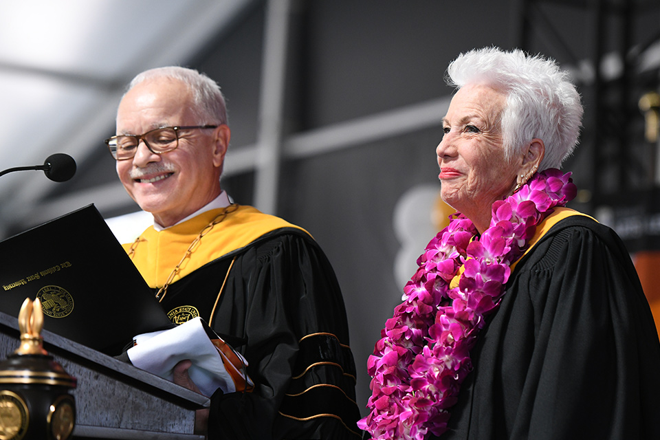 Charlotte Lerchenmuller, Castro’s wife, accepted the honor from Cal State LA President William A. Covino on behalf of her late husband.