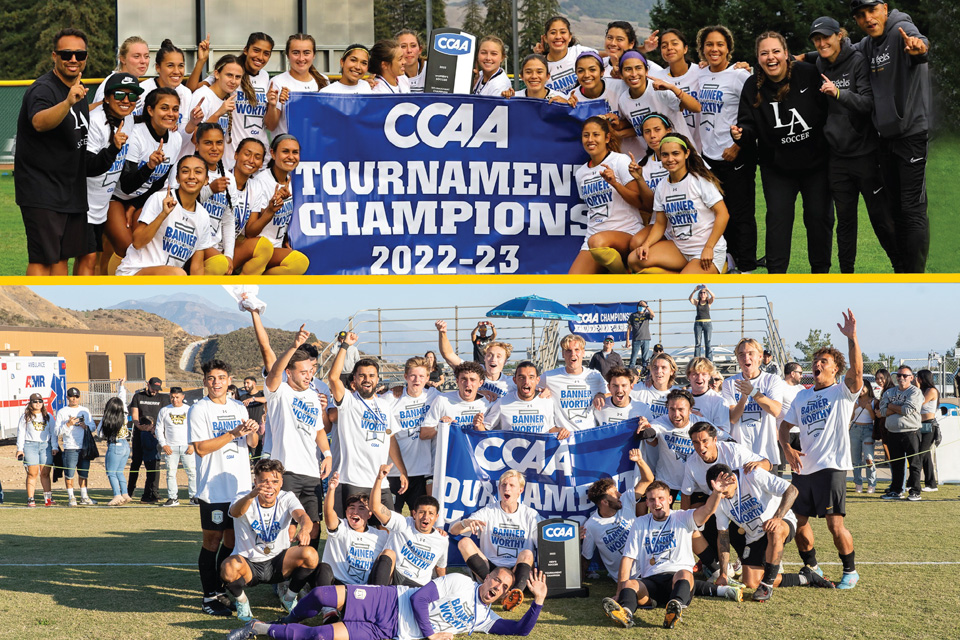 Two photos of both the women's and men's Cal State LA soccer teams.