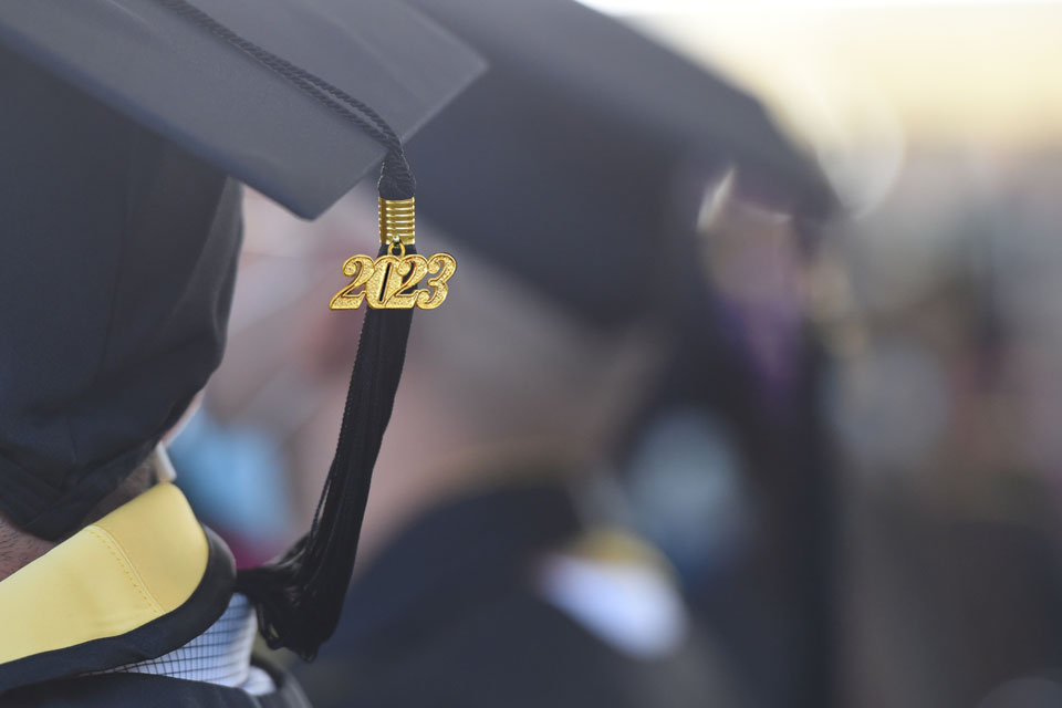 A graduation cap with a 2023 tassel.
