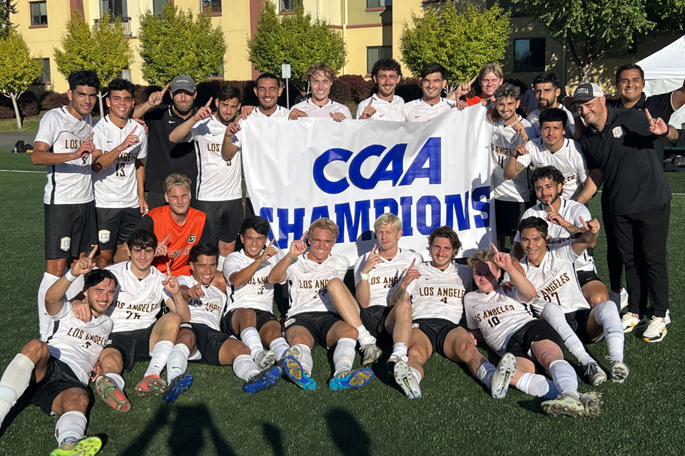 The 2023 Mens Soccer team celebrating their 2023 CCAA victory.