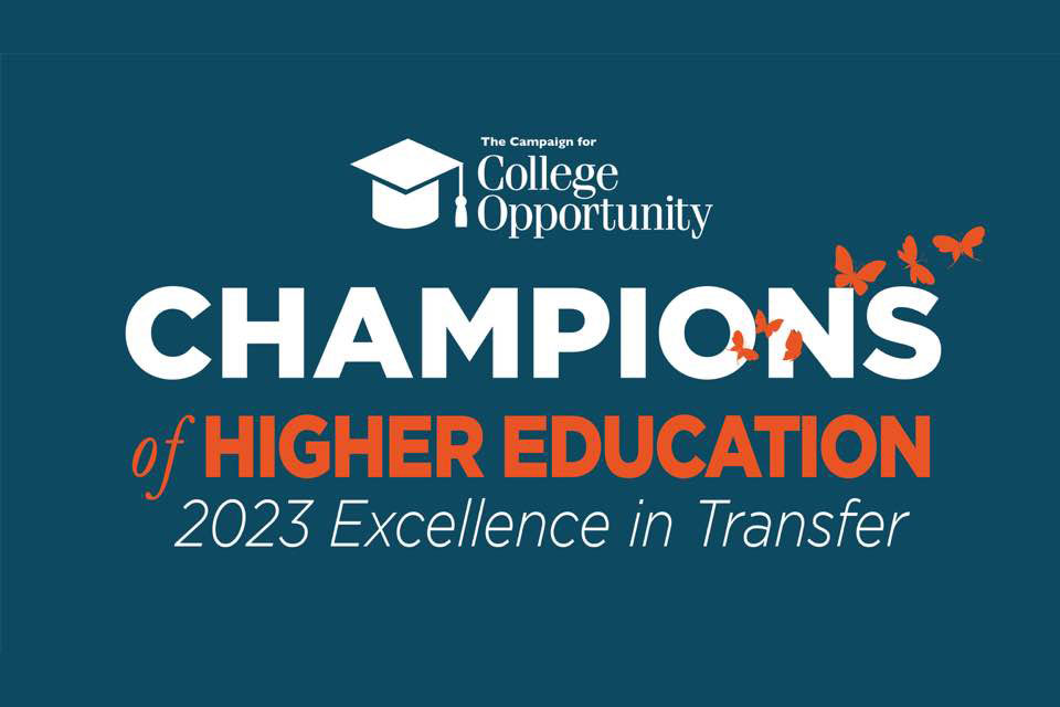 An image that says "Champions of Higher Education - 2023 Excellence in Transfer"