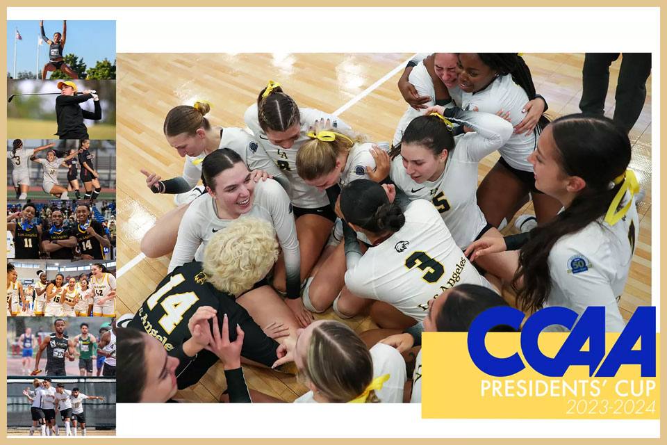 Cal State LA womens volleyball team celebrating on the court.