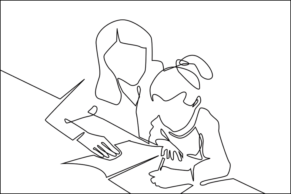 An artistic line drawing of a social worker and a child.
