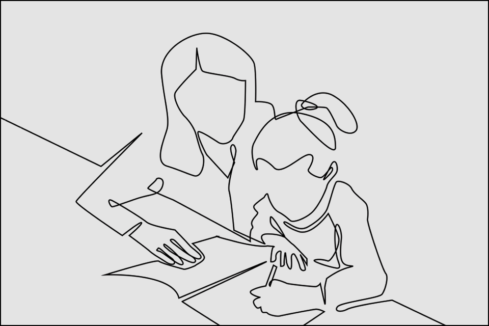 An artistic line drawing of a social worker and a child.