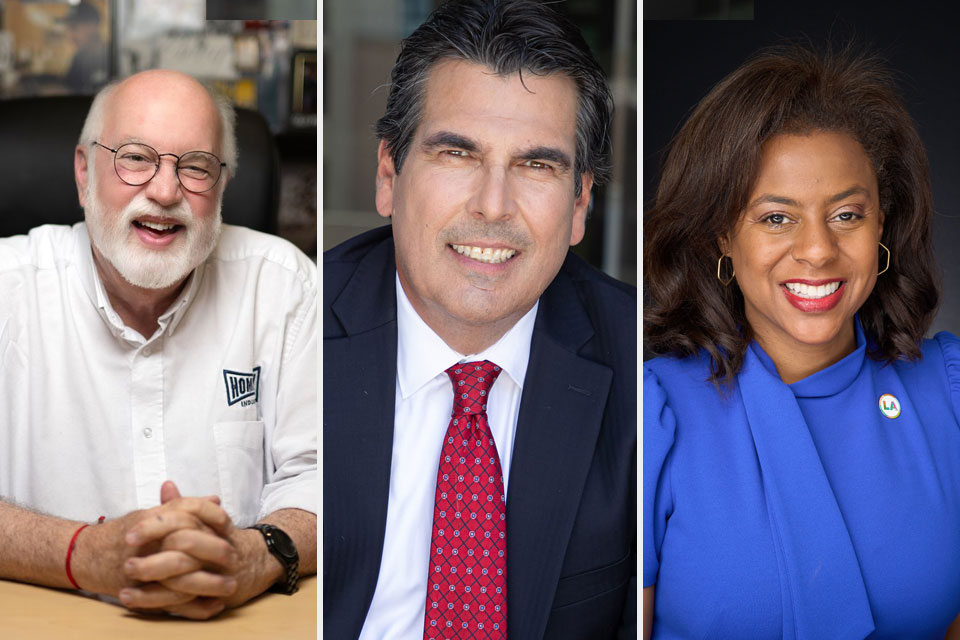 Portraits of Father Greg Boyle, Omel Nieves, and Capri Maddox, who will be honored at Cal State LA’s 2026 Commencement.