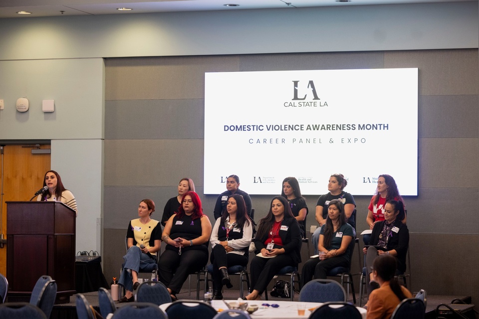 Panelists participate in a Domestic Violence Awareness Month career panel and expo at Cal State LA.