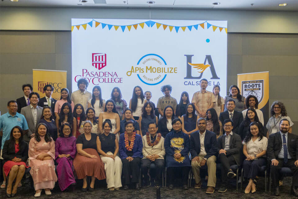 Students, faculty, and community partners pose together at an APIs Mobilize event featuring Pasadena City College and Cal State LA.