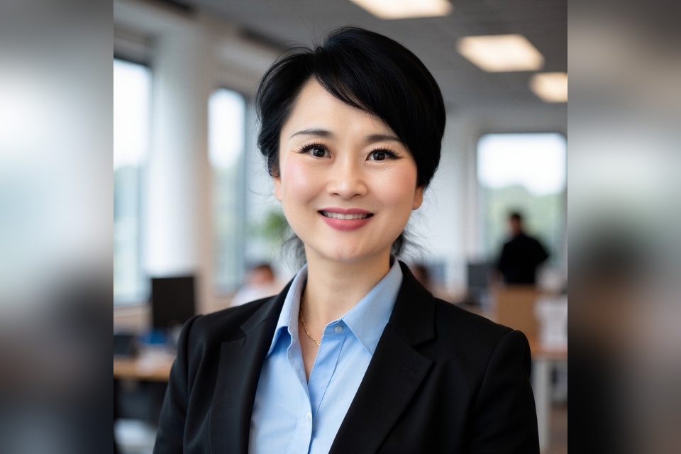Professional portrait of an individual wearing a black blazer and light blue shirt, smiling in a bright office setting.
